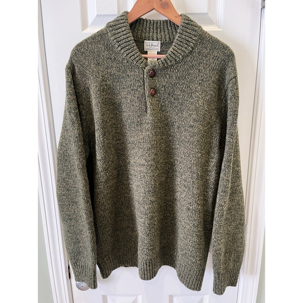 LL Bean Sweater XL Green Classic Ragg 100% Lambs Wool Henley Pullover 285174